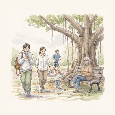 Observation-notebook sketch: four banyan-garden visitors in a loose group — a student with backpack, a parent and child, a jogger, and an older neighbour on a bench.