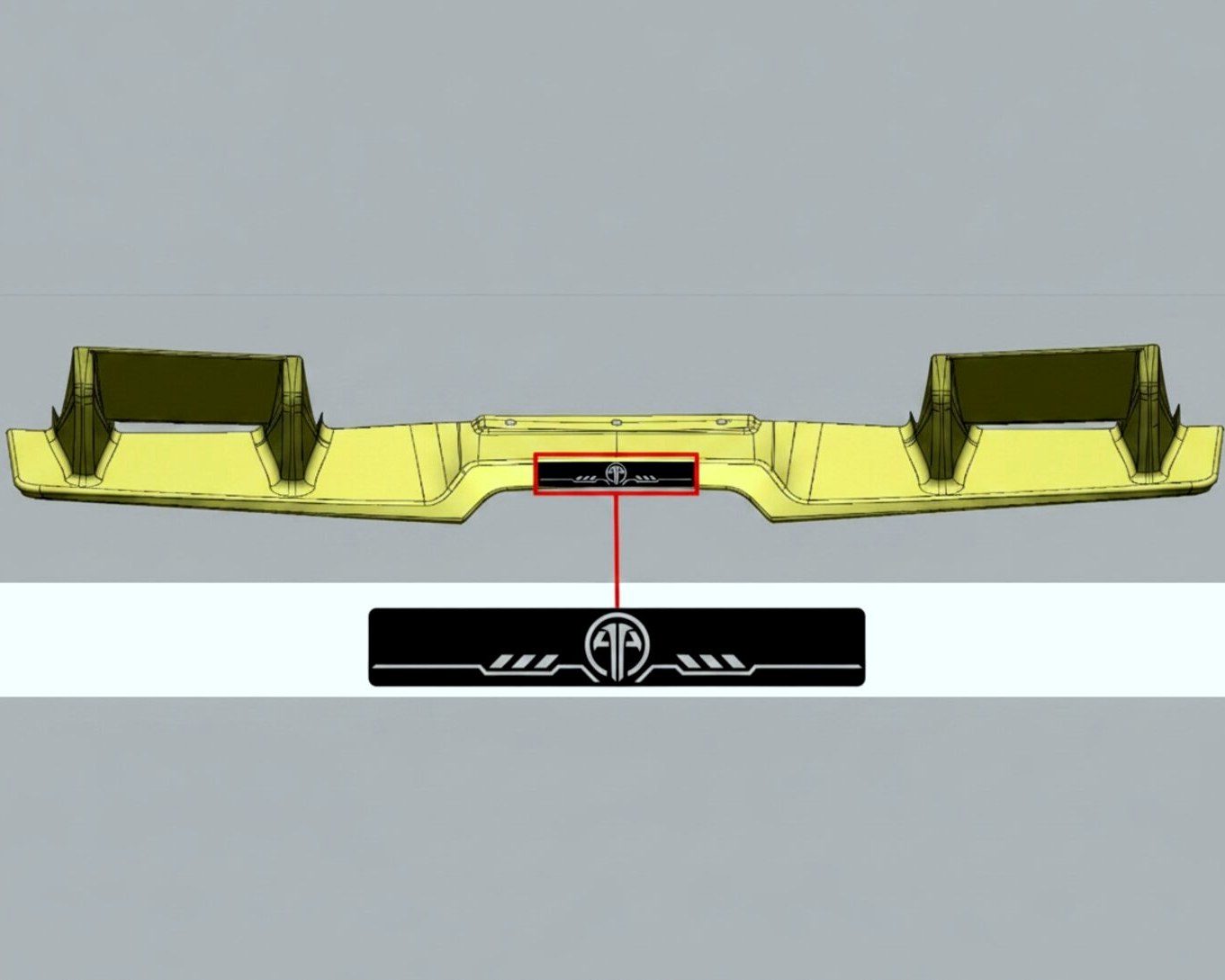 CAD model of a rear diffuser with the ARMASPEED logo plate detail highlighted.