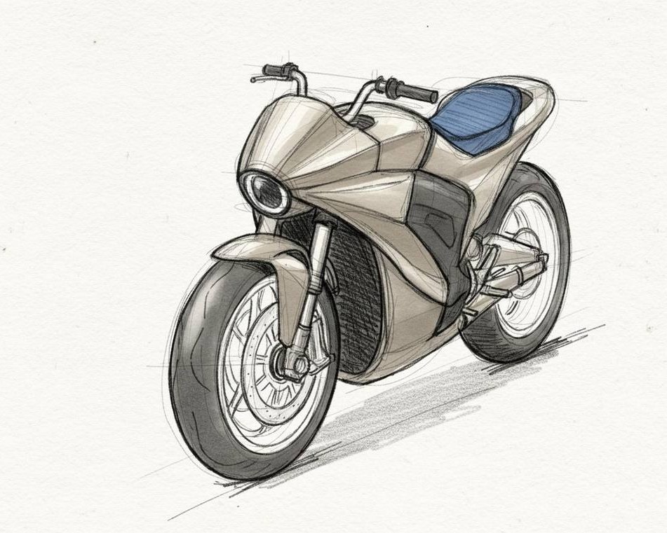 A hand-drawn 2016 sketch of the E.Jet concept motorcycle in three-quarter front view, drawn in graphite and warm-grey watercolor wash on textured paper. Twin cowl ducts read as fighter-jet intakes; the headlight sits recessed like a cockpit canopy.