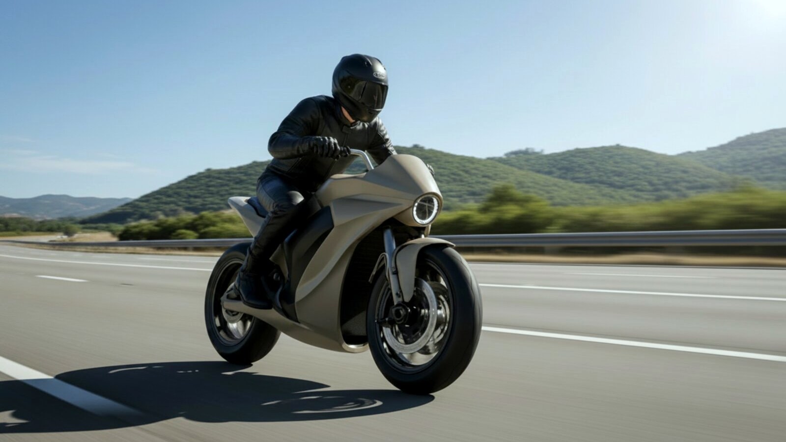 E.Jet motorcycle being ridden along a coastal highway.