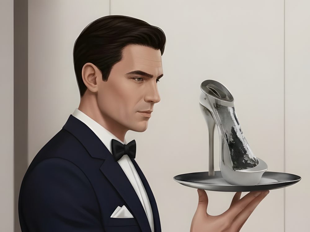 A butler in a tuxedo holding the silver stiletto-shaped decanter on a tray.