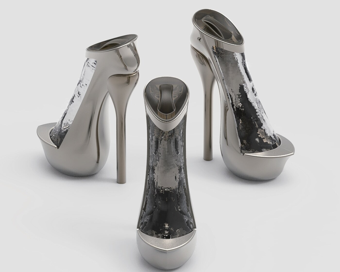 Three CGI renders of the silver-chrome stiletto decanter from front, side, and rear three-quarter angles, on a clean studio background.