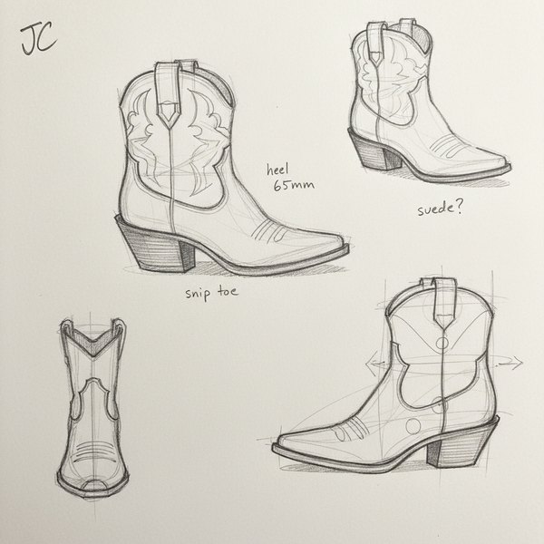 A loose graphite sketch on plain paper: three overlapping ideation studies of a Western-style ankle boot, with scribbled handwritten notes — 'heel 65mm', 'snip toe', 'suede?' — eraser smudges and confident overshooting strokes. Designer's rapid mid-process working drawing.