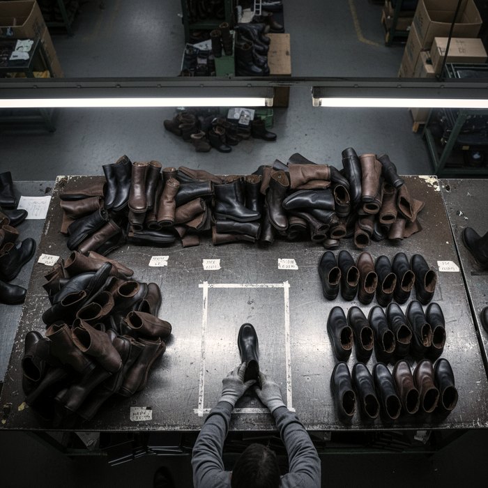 Top-down view of a sorting station: dozens of dark leather boot uppers arranged in stacks and grids on a battered metal table, with worker's hands placing one onto a chalk-marked area — mass-production material board.