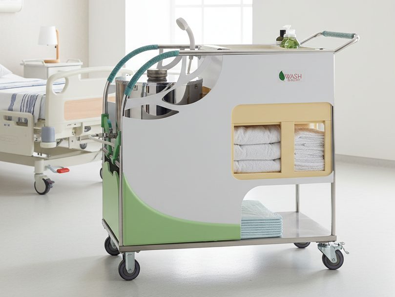 Wash Enjoy bath-assistance trolley, side view in a hospital room.