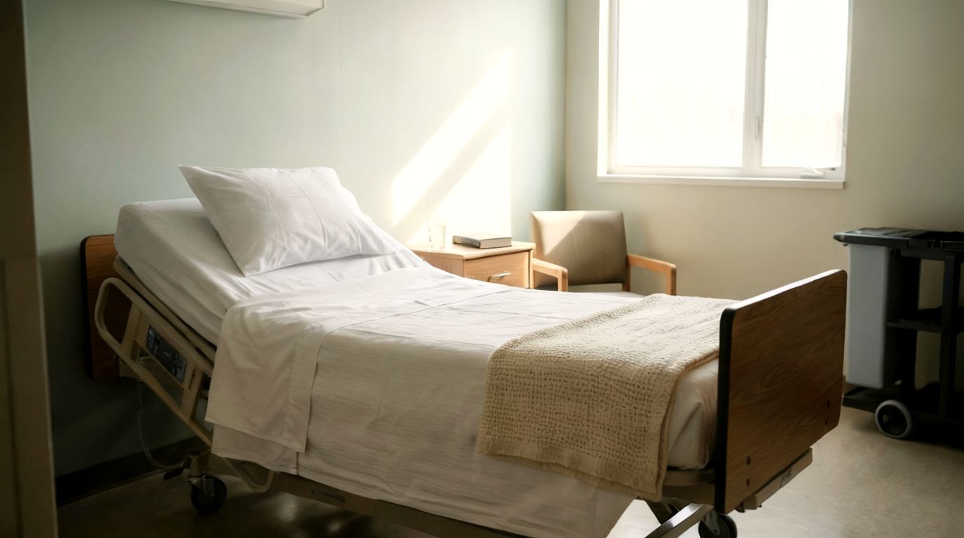 View from doorway of an eldercare hospital room: caregiver attending patient at bedside, Wash Enjoy trolley parked nearby.