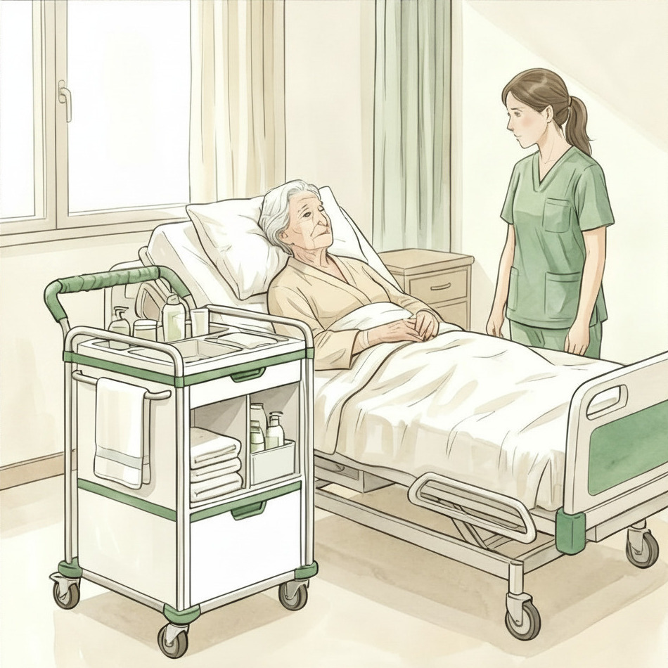 Elderly patient in bed, head raised slightly, trolley parked bedside, caregiver standing nearby.