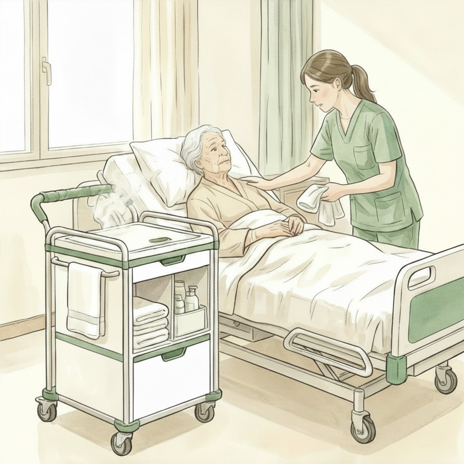 Caregiver gently washing under warm towels for dignity, hose drawn softly from the trolley.