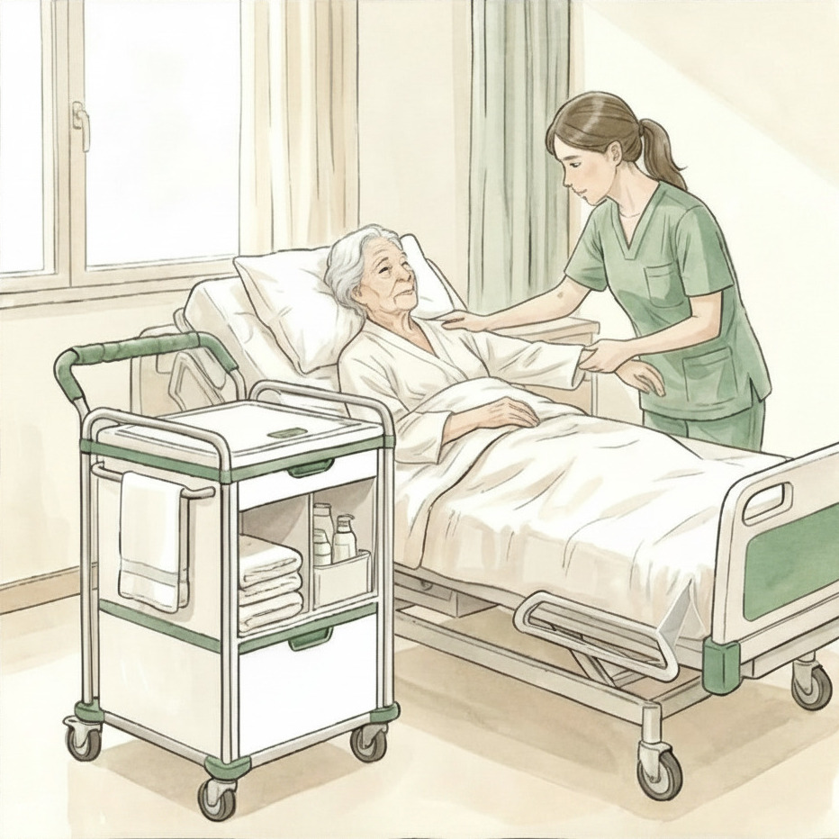 Patient dry and comfortable in a fresh gown, trolley's water tank closed and sealed beside the bed.