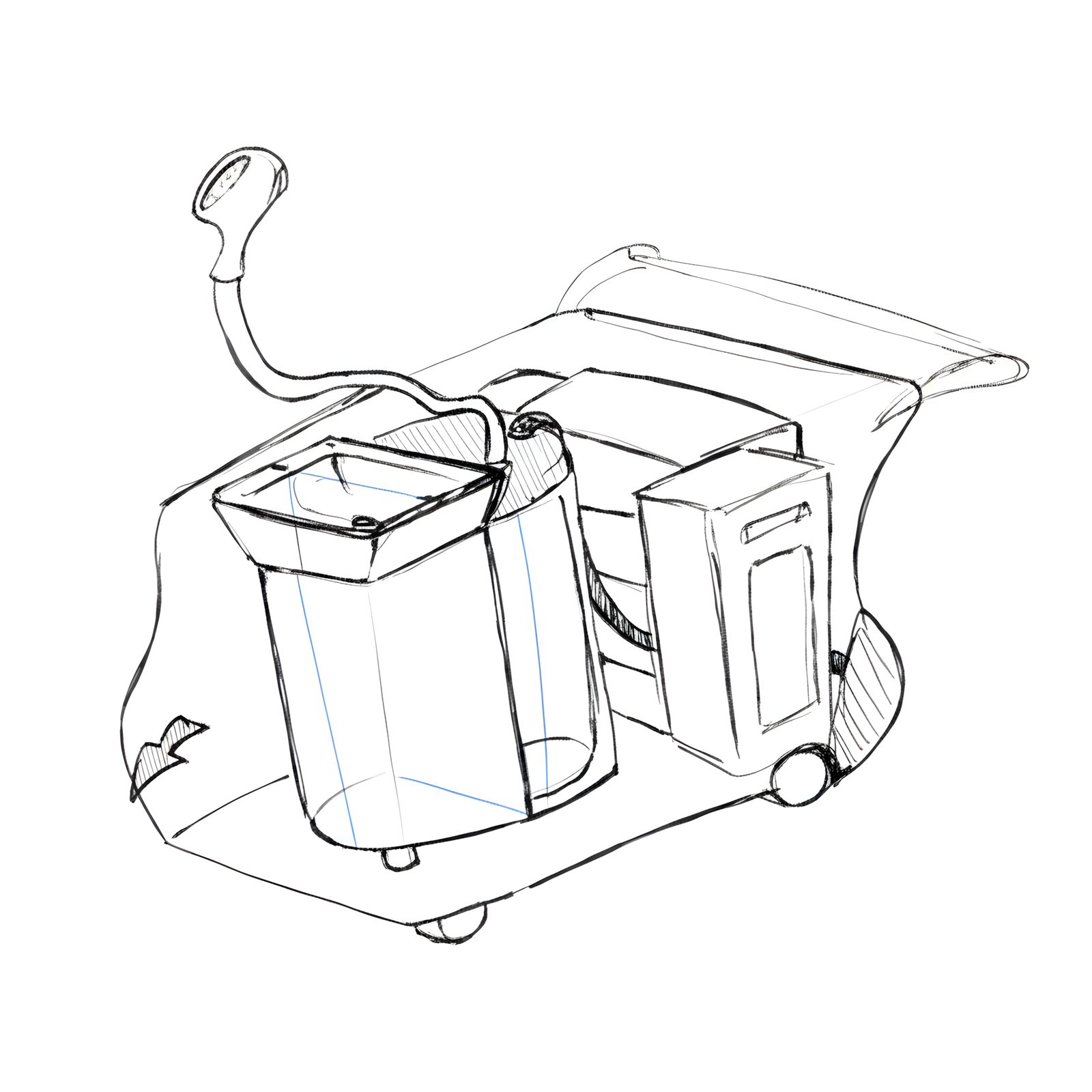 Clear-line industrial sketch of an early trolley concept, water tank and basin layout.