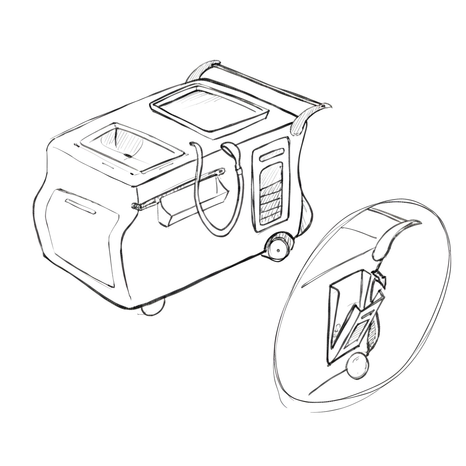Clear-line industrial sketch showing trolley side-access panel and wheel mount detail.