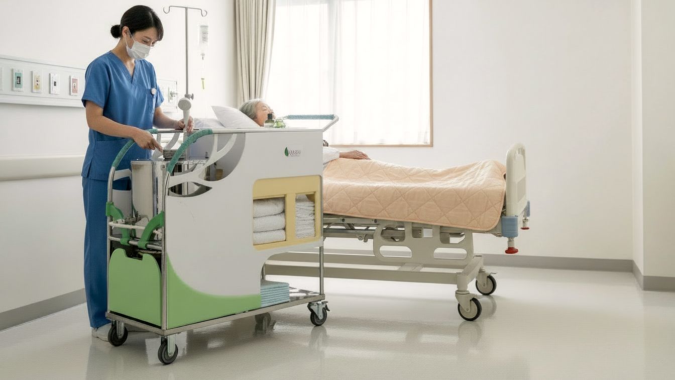 Use-case rendering: a caregiver in scrubs operating the Wash Enjoy trolley beside a bedridden patient in a clean hospital room.