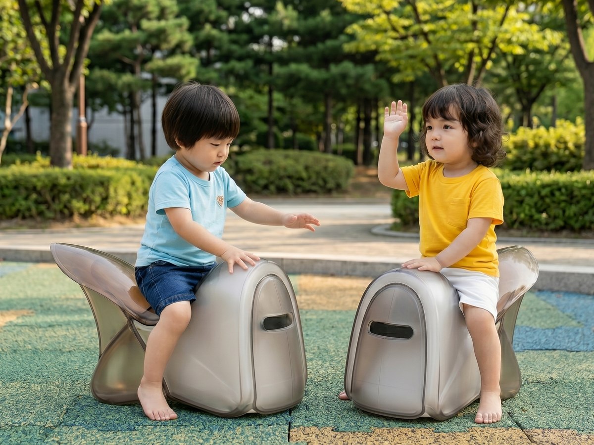 Two children playing on cicada-shaped chair-cajóns at a neighborhood park — one with hand raised as if about to drum, the other gesturing back.