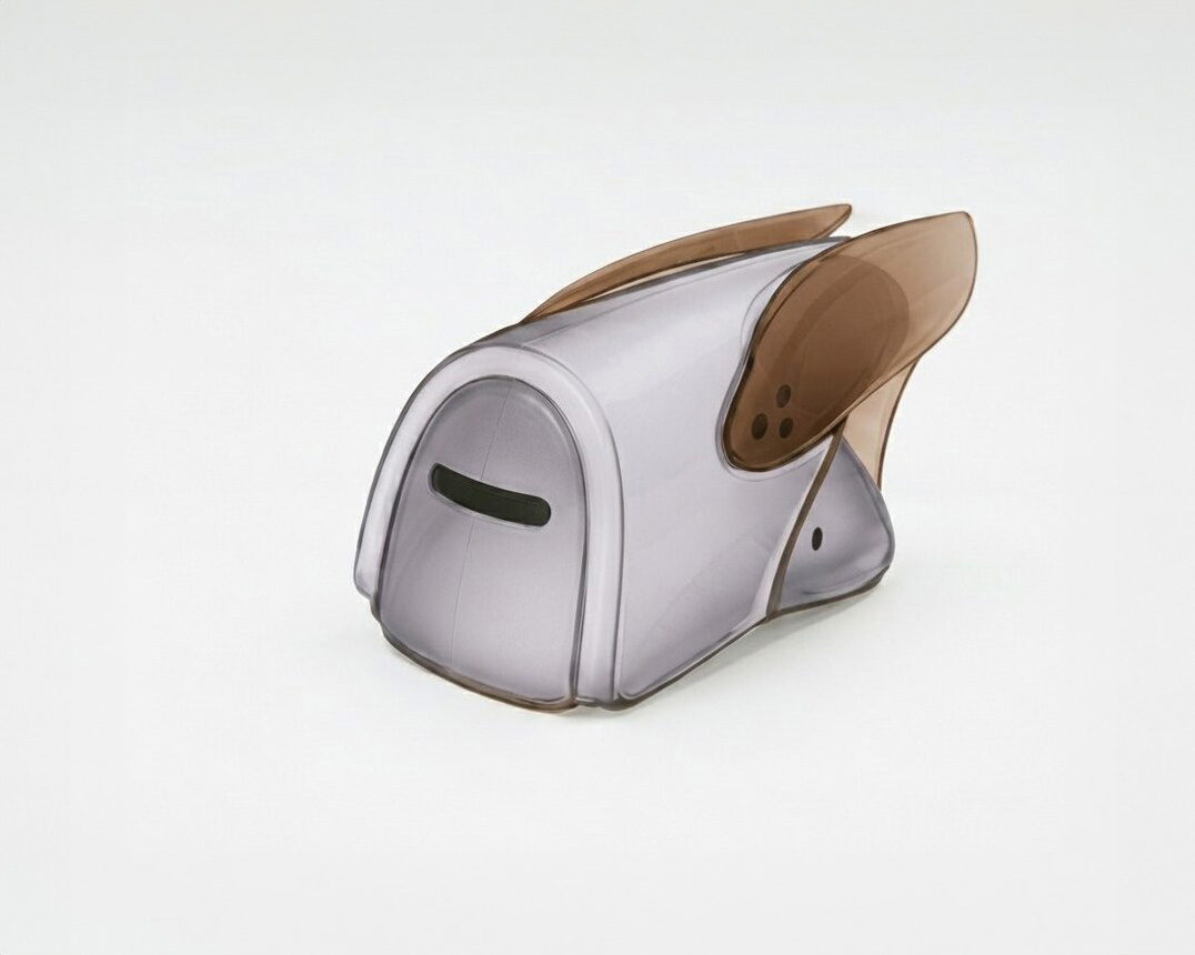Three-quarter render of the cicada chair in the grey × tan colourway.