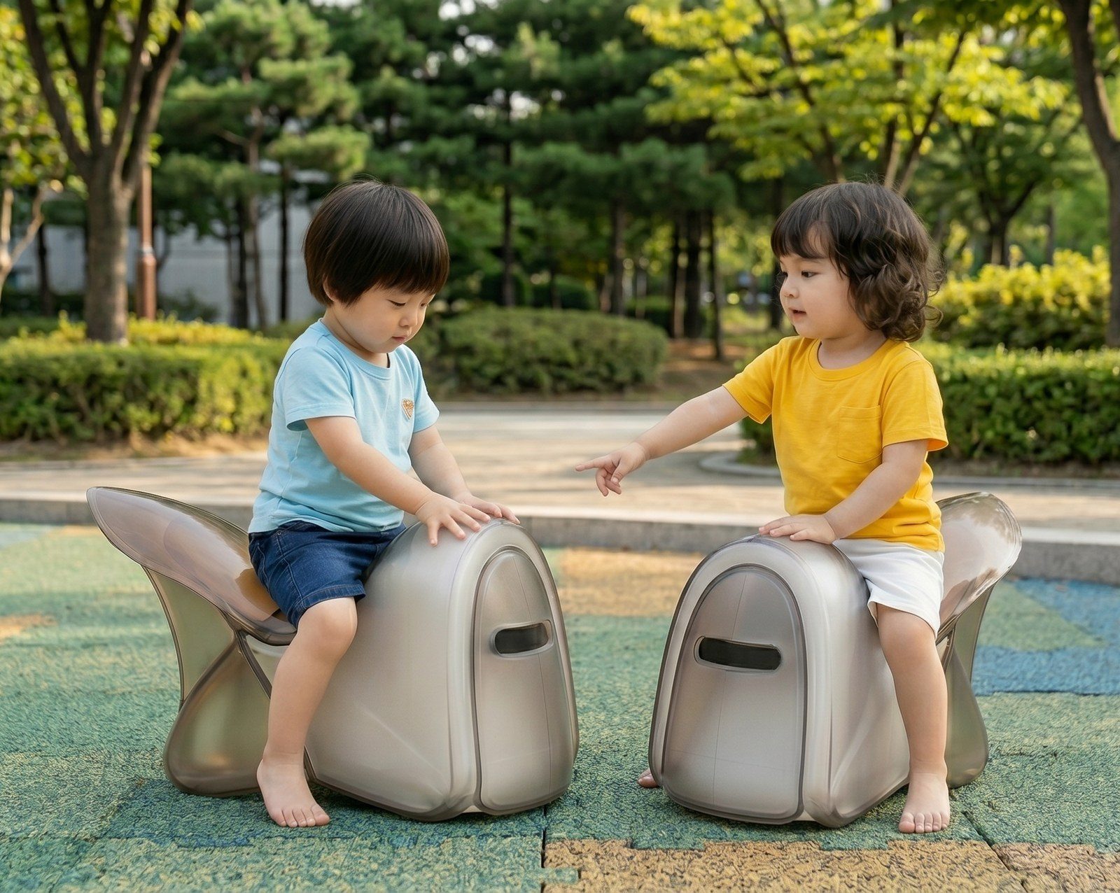 Two Taiwanese children facing each other on cicada chair-cajóns at a neighbourhood park. One reaches a hand toward the other, pointing — mid-conversation, mid-rhythm.